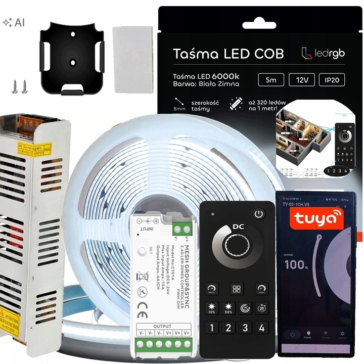 Sada Led pásků Cob 12V 5 m Bílá Z. 6000K Napájecí Zdroj Tuya Bt Zóny Dálkový Ovladač