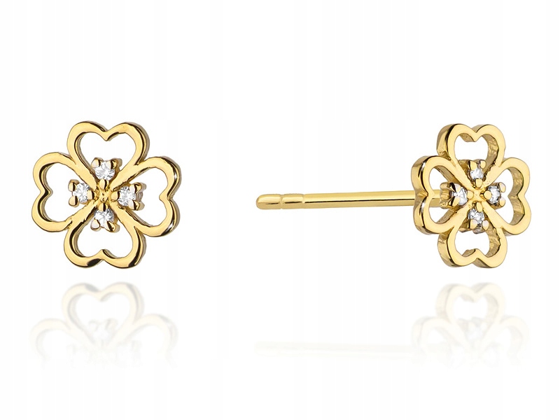 Zlaté náušnice 585 jetel s brilianty 1,00 g s diamanty na tyčince