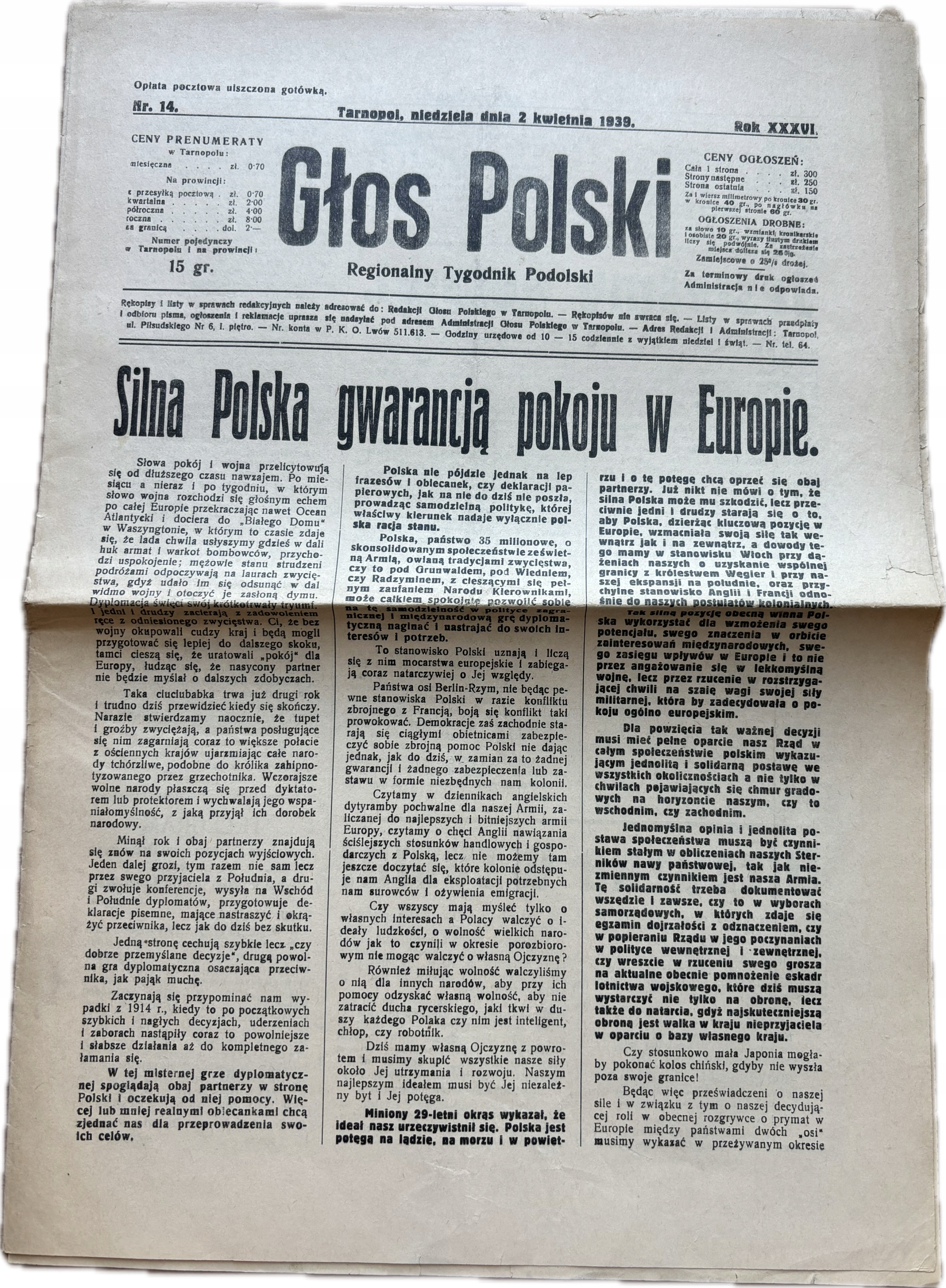 GŁOS POLSKI REGIONALNY TYGODNIK PODOLSKI 1939 TARNOPOL