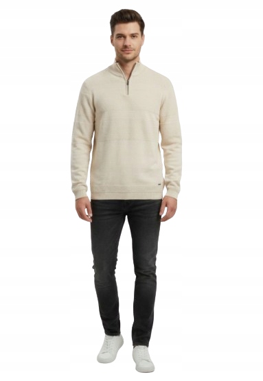 Indicode Krémový Pánský Svetr S Pologolfem A Texturovanými Pruhy