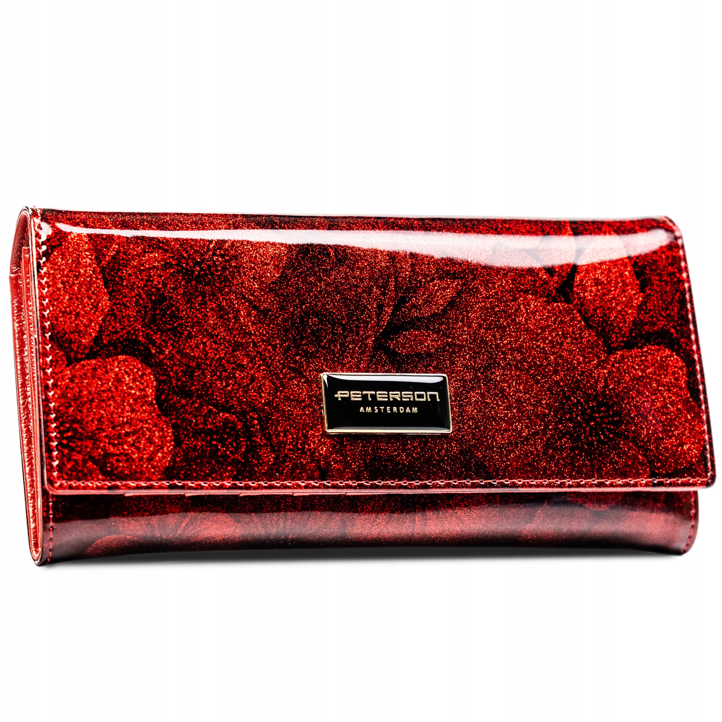 Duży portfel skórzany damski Rfid czerwony Peterson brokatowy poziomy skóra