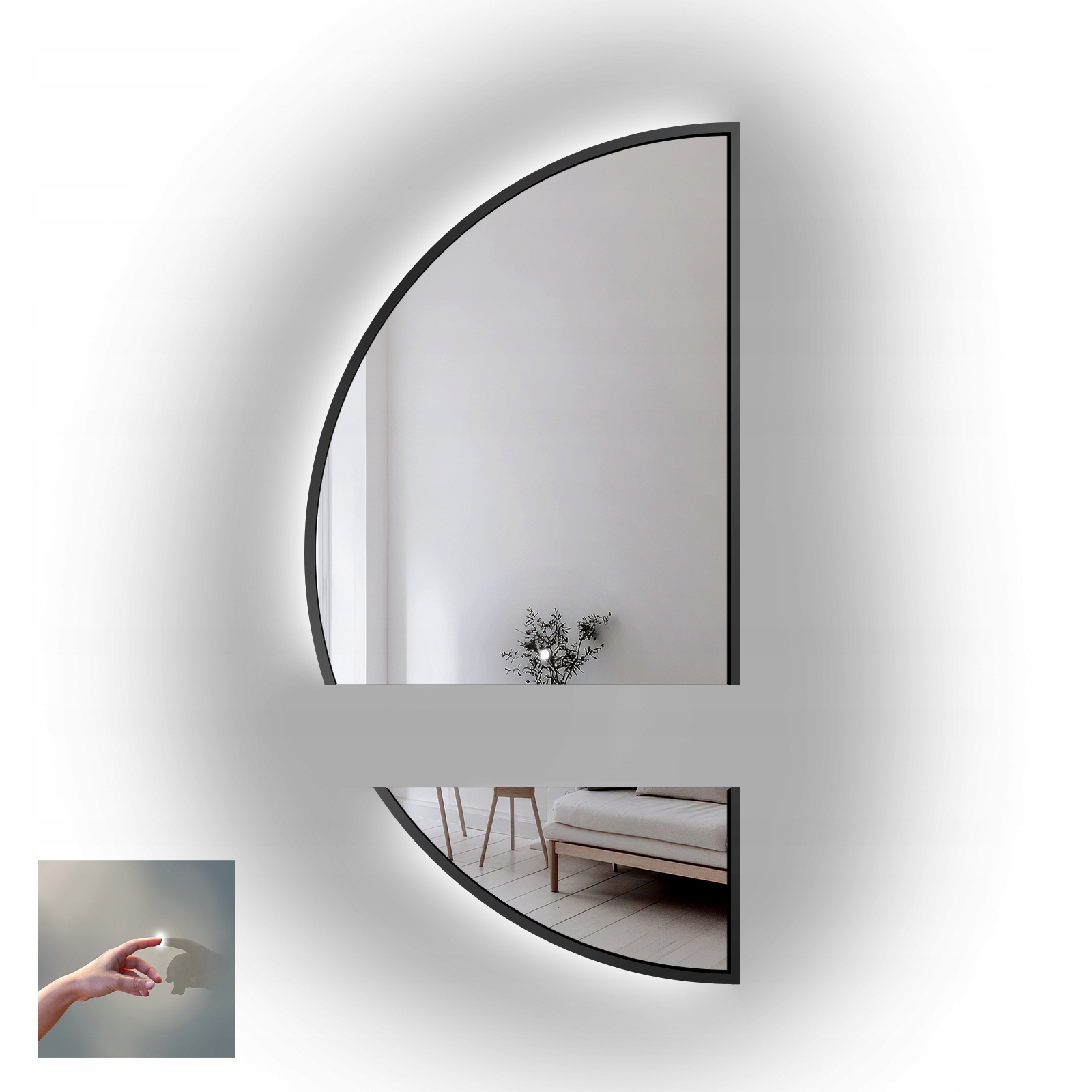 Zrcadlo půlkruhové Doppio v černém rámu Mdf ve dvou částech Led 110x220