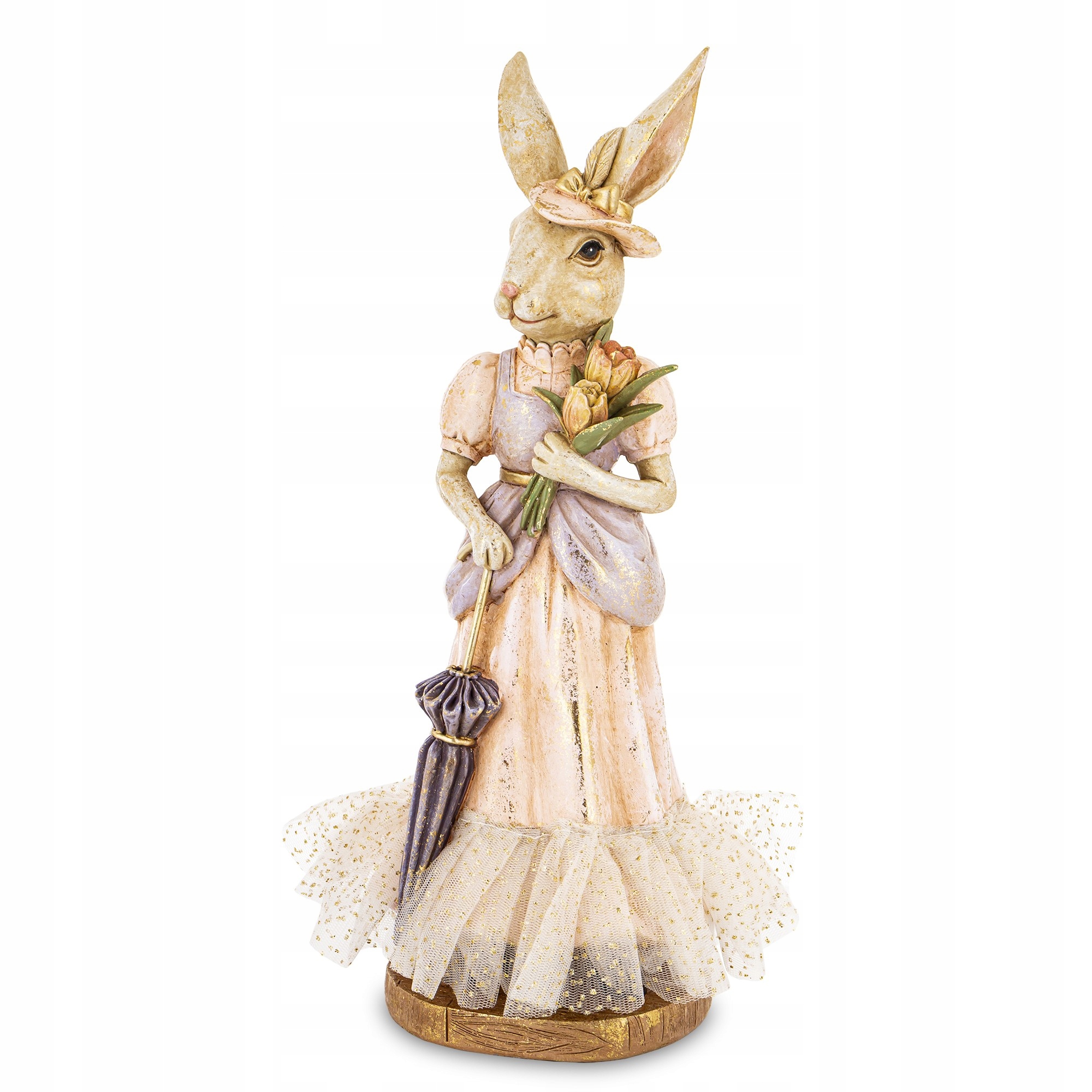 Králík dáma deštník tulipány figurka Pierrot vintage dekorace zlatá