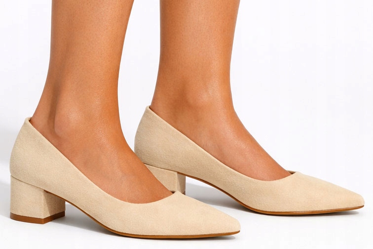 9269 Beżowe Czółenka Zamszowe Na Słupku Klasyczne Niski Obcas 40
