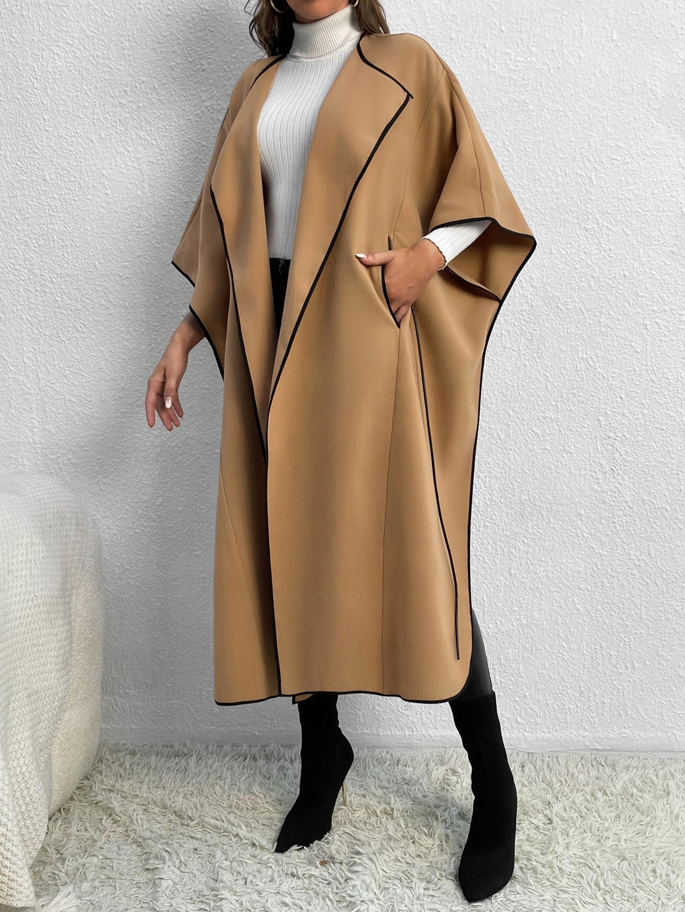 Dámský Oversize Kabát S Dlouhým Zavazováním, Khaki Casual Shein, Velikost 36
