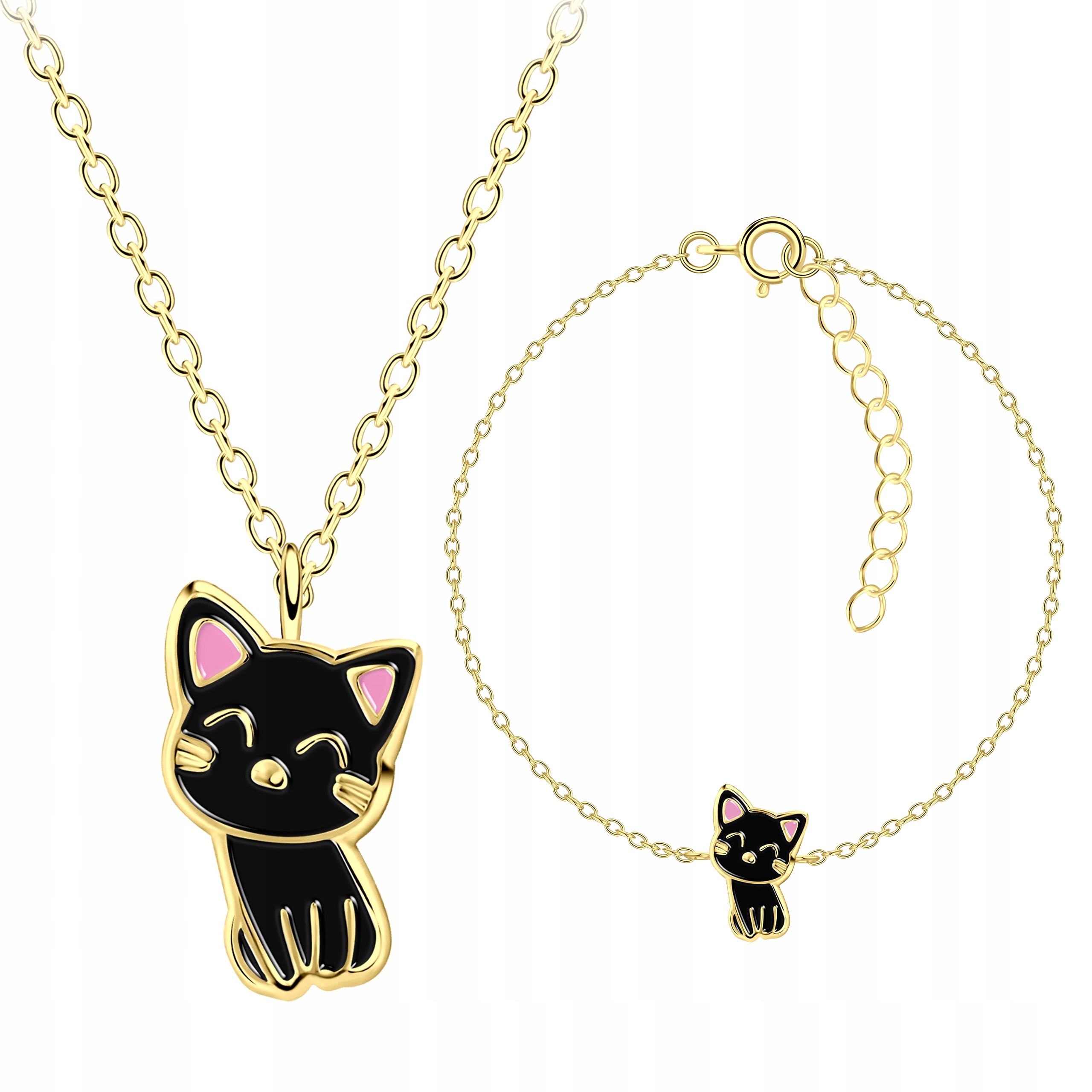 Sada stříbrných šperků pro děti, černé kočky, kočky, stříbro, pozlacené 925