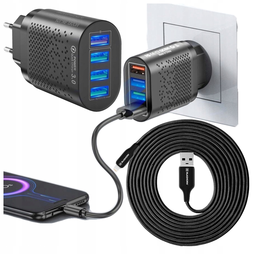 

Ładowarka Zasilacz 4USB Qc 3.0 Kabel Do Iphone 1,8