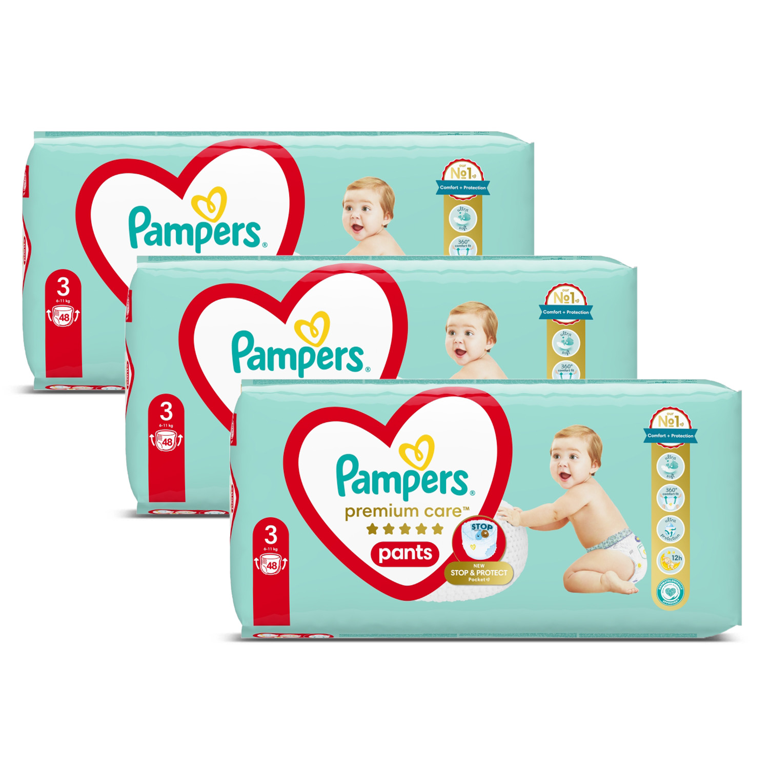 Zestaw Pampers Premium Care Pieluchomajtki, rozmiar 3, 48 szt, 6kg-11kg x3