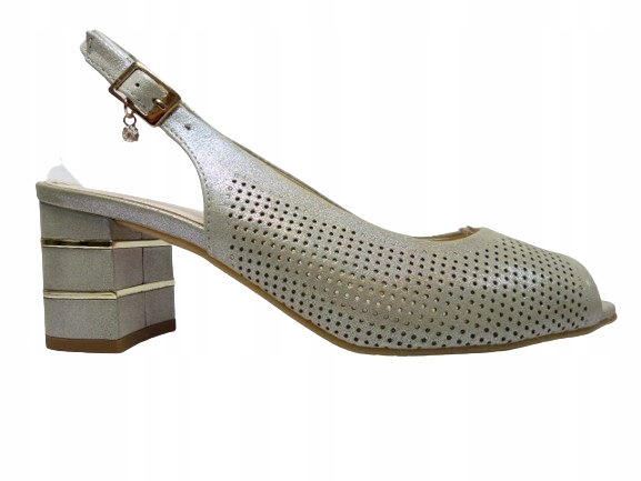 Stříbrně zlaté elegantní lodičky dámské kožené sandály na podpatku Sala 37