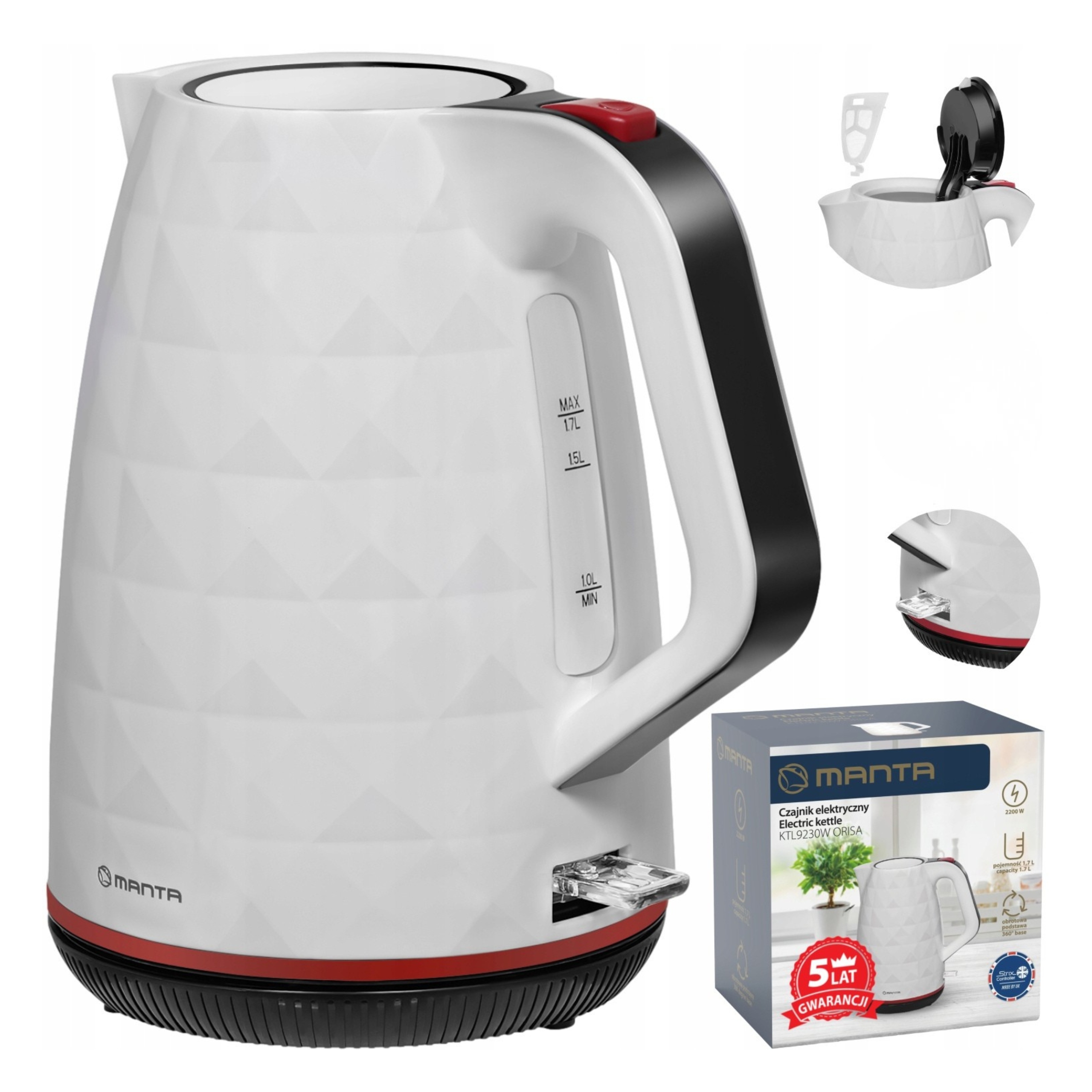 Czajnik Elektryczny bezprzewodowy Biały 2200W Bez Bpa Free 1,7L