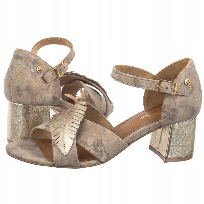 Dámské kožené sandály Maciejka Béžové+Zlaté s květinami 06549-04