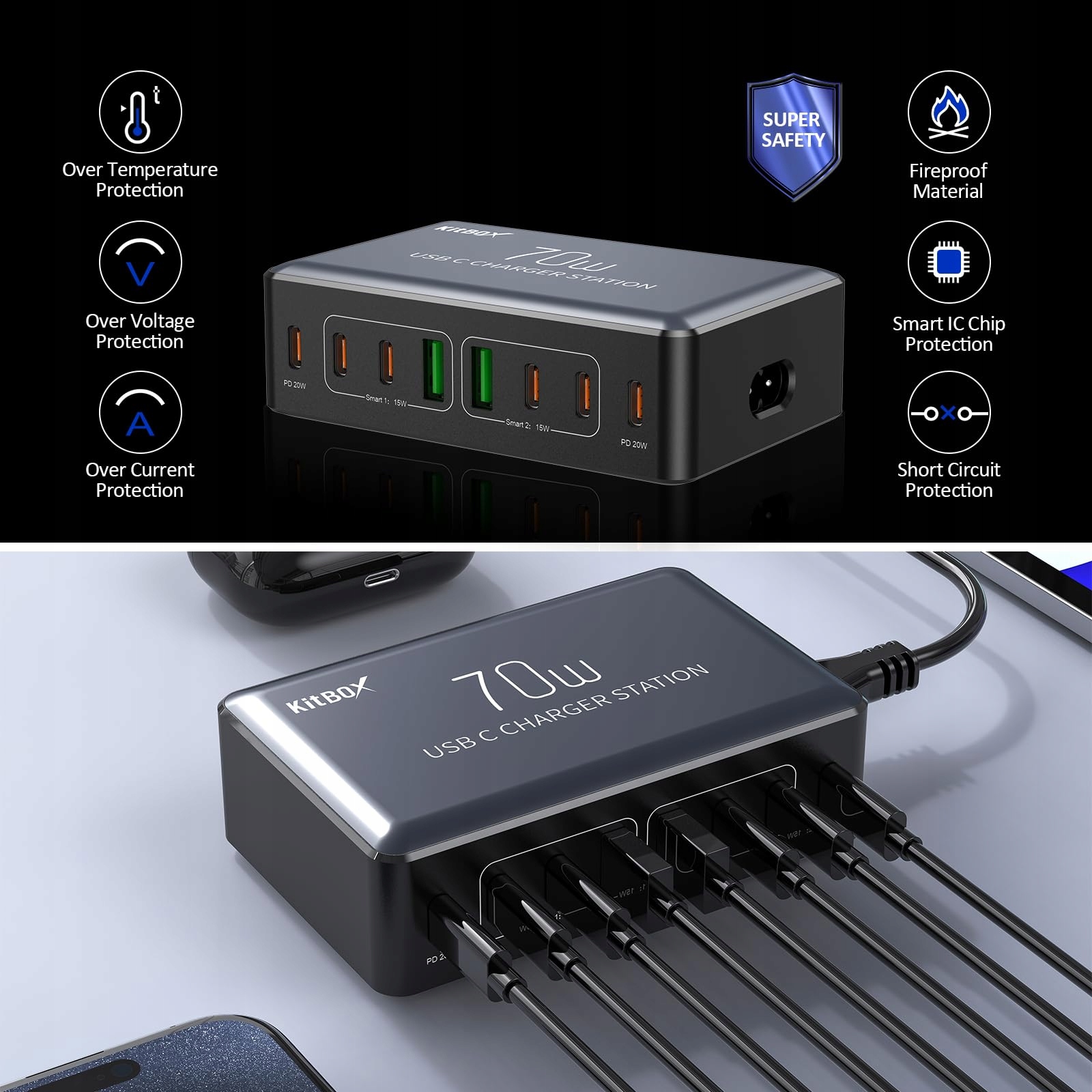 KITBOX Ładowarka USB C 8 Portów 70W Stacja Ładowania do iPhone iPad Android — miniatura 6