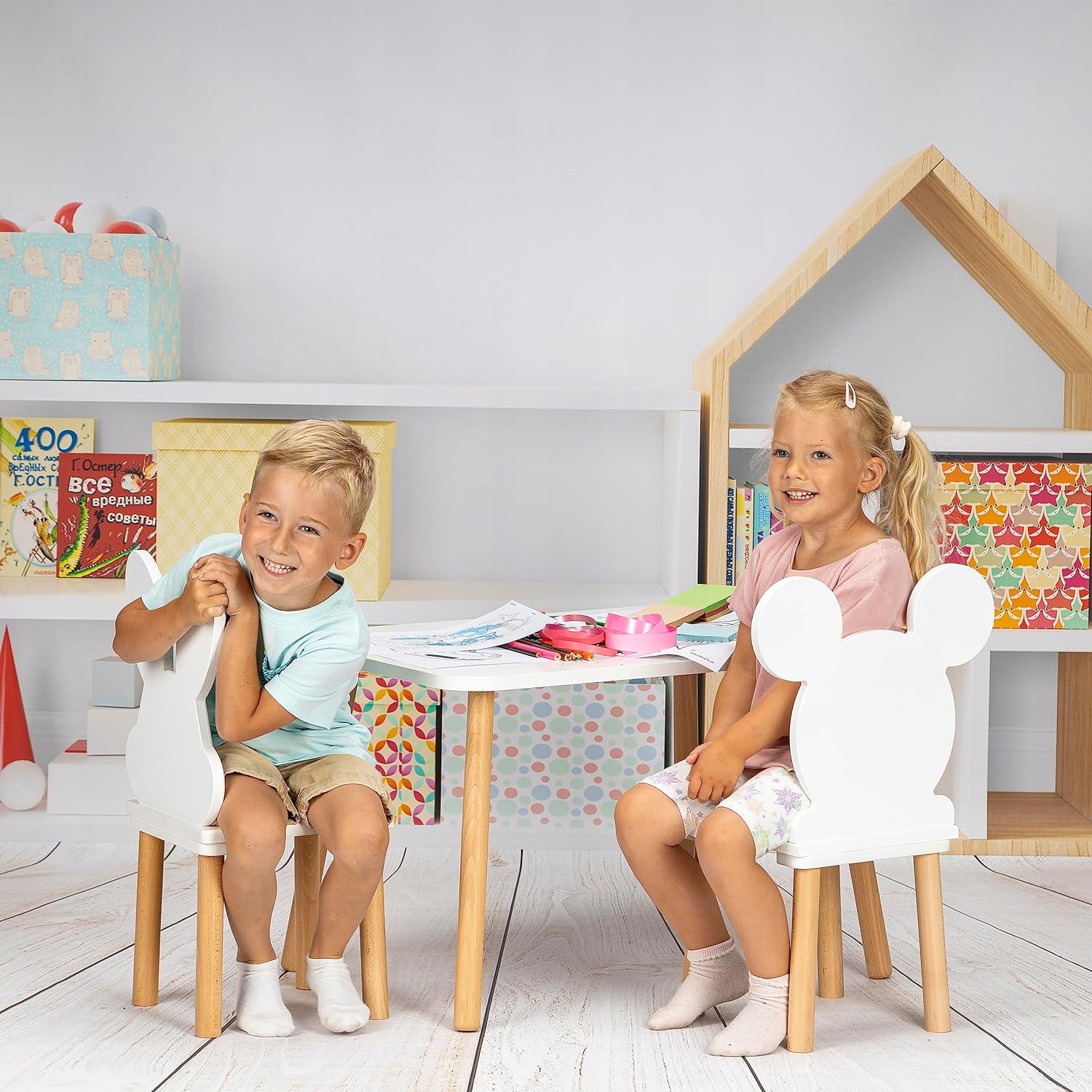 Krzesełko dla dzieci , białe drewniane krzesło Miki odporne 60 cm Wysokość siedziska 27 cm