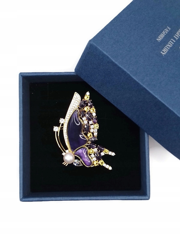 Luxusní Brož Přívěsek Motýl Zlatý 14K Gp Fialová Krabička Jako Dárek