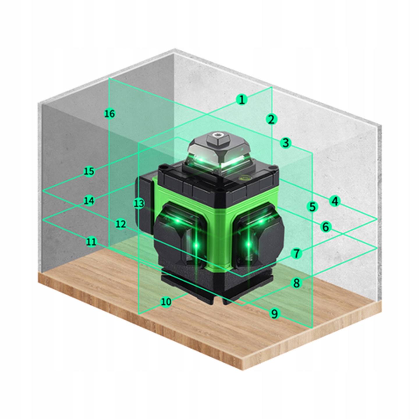 POZIOMICA LASEROWA PŁASZCZYZNOWA LASER KRZYŻOWY 4D 16 LINII WALIZKA 2x AKU Kolor lasera zielony