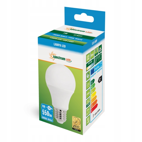 

Żarówka Led E27 7W kulka biała zimna, spectrum