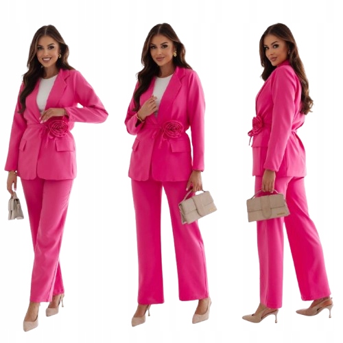 Garnitur Damski Komplet Marynarka Spodnie Wide Leg Róża L/40