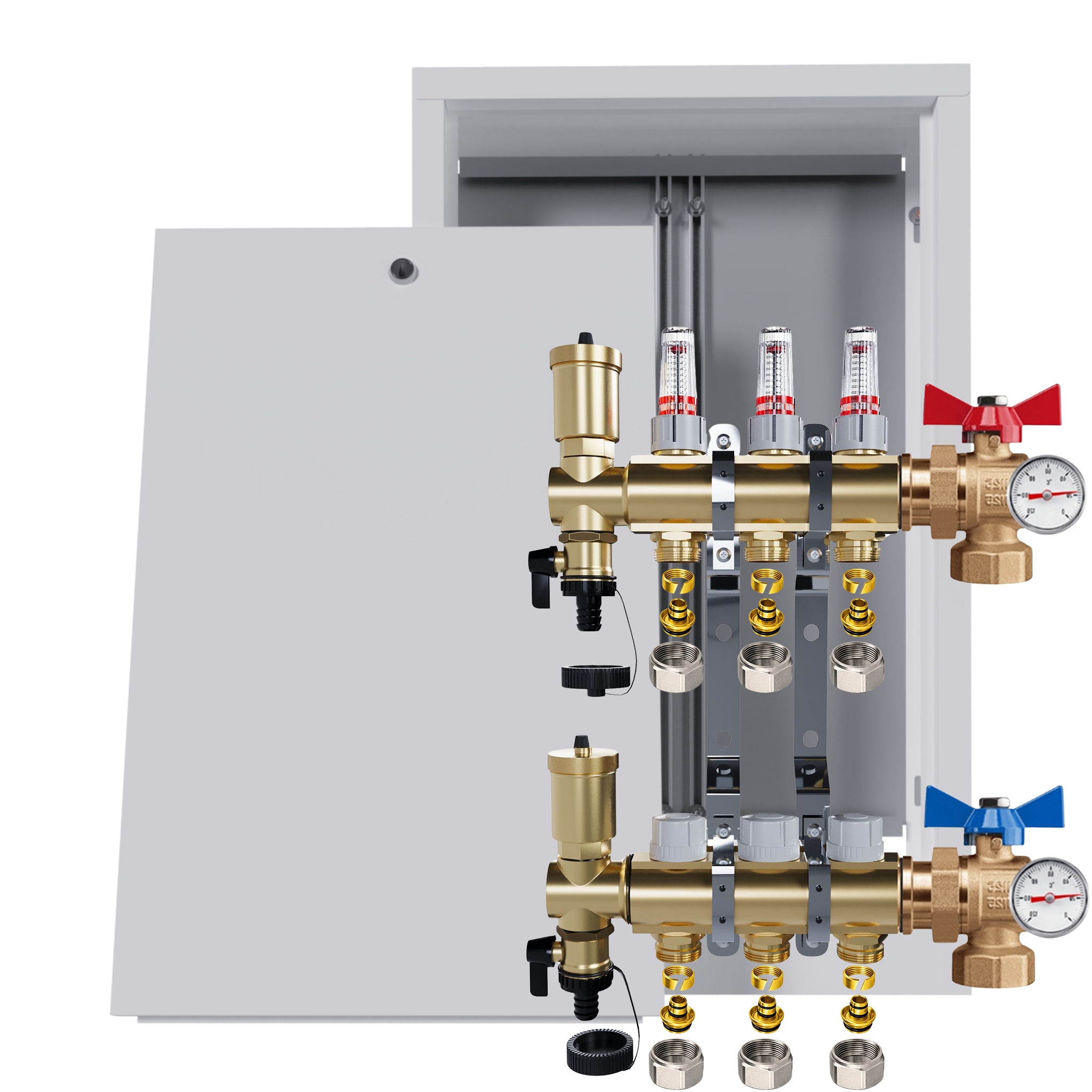 Rozdělovač Pro Podlahovou Krytinu, 3 Okruhy Ventily Teploměr Krabička Pex