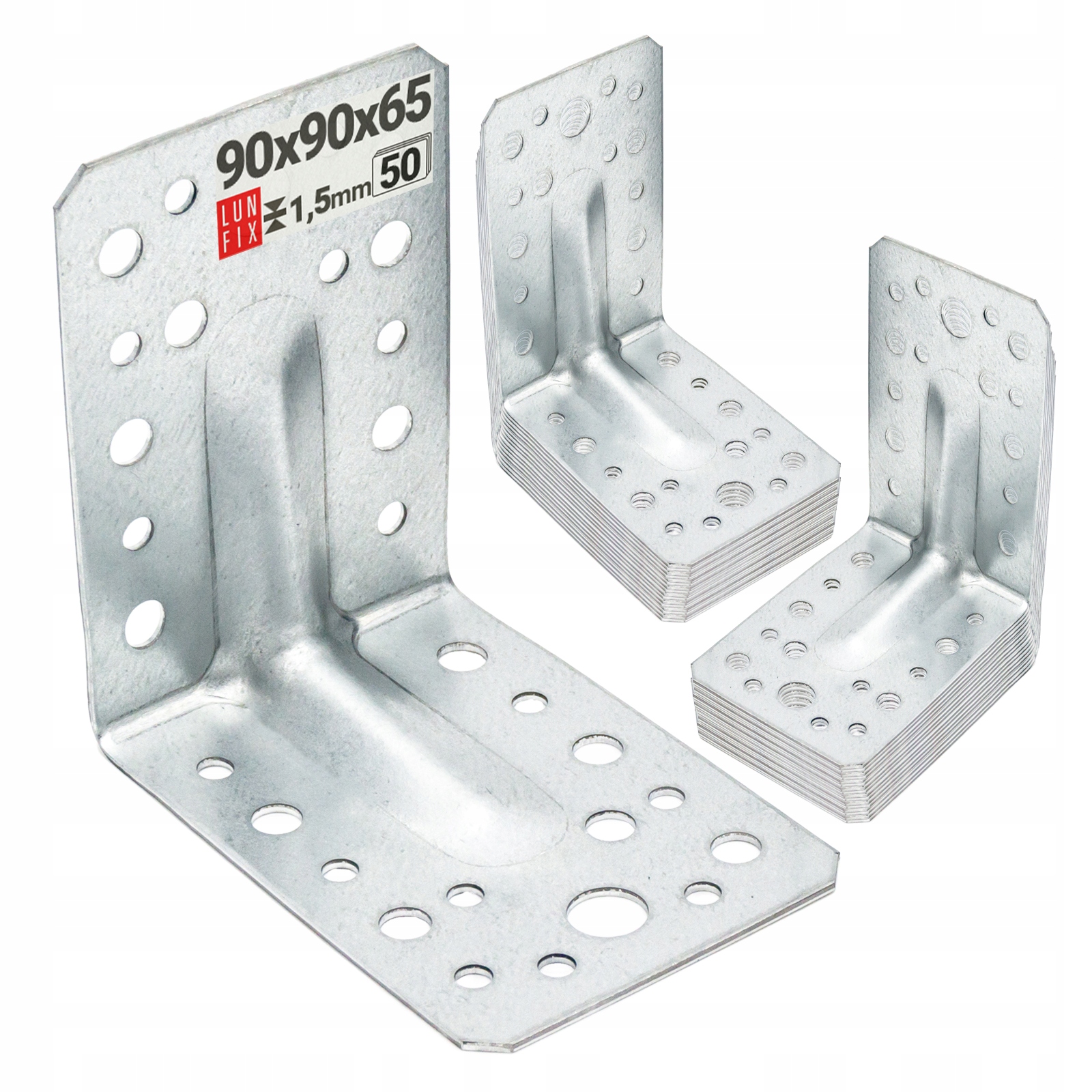 Tesařský úhelník 90x90x65 gr. 1,5 mm ocelový montážní perforovaný 50 Ks.