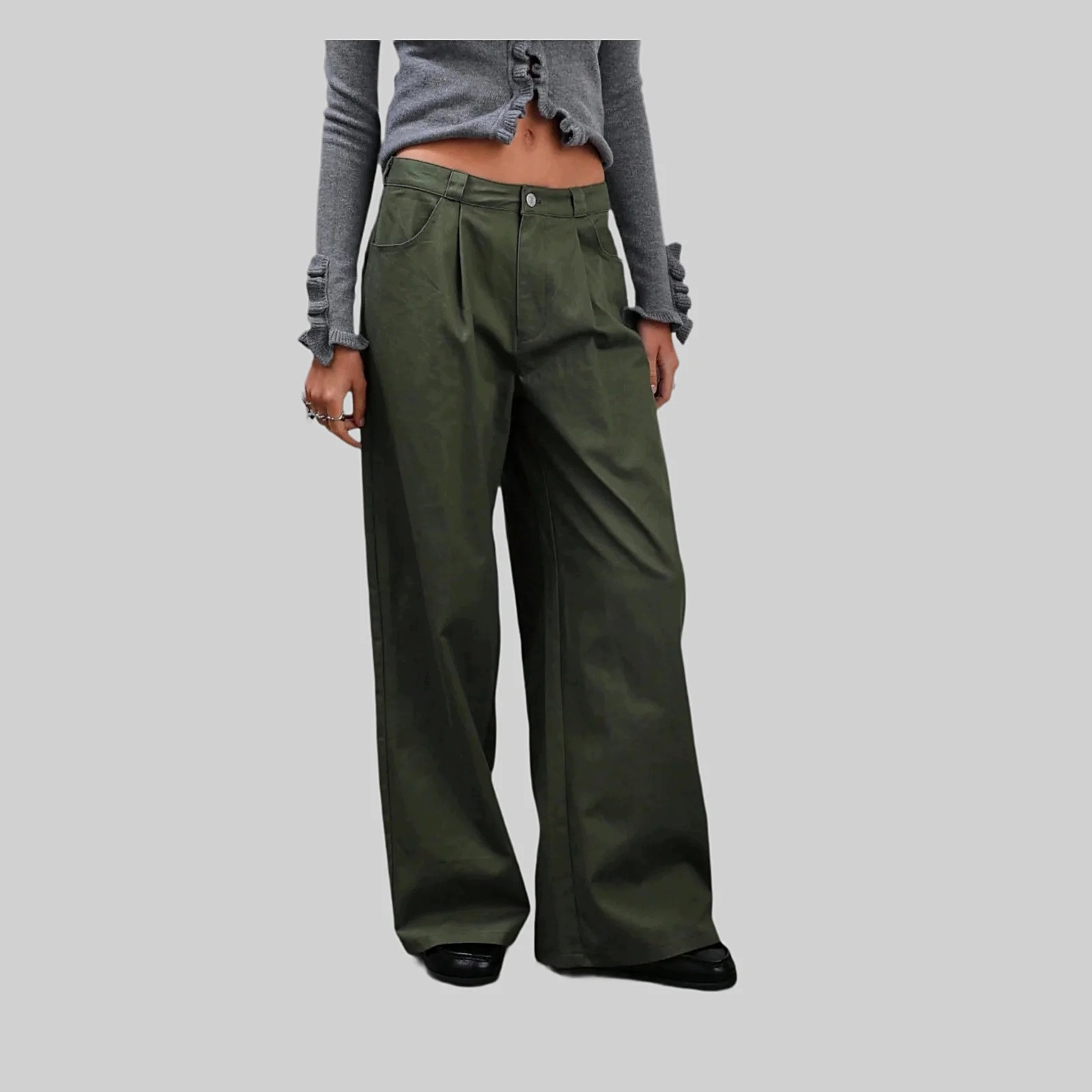 Dámské bavlněné kalhoty zelené Wide Leg nízké Stav casual S 36