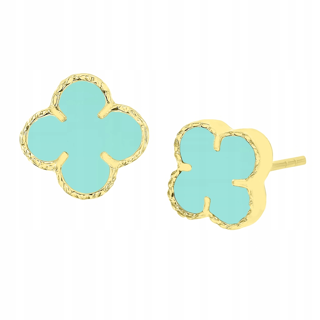 Stříbrné pozlacené náušnice čtyřlístky s puzetou, zelený tyrkys Ag.925