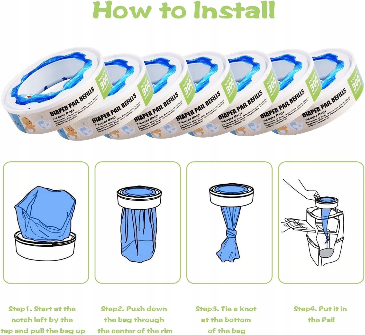 WKŁADY WORKI DO KOSZA NA PIELUCHY ZAPACHOWE woreczki do 300 pieluszek Liczba sztuk w opakowaniu 1 szt.
