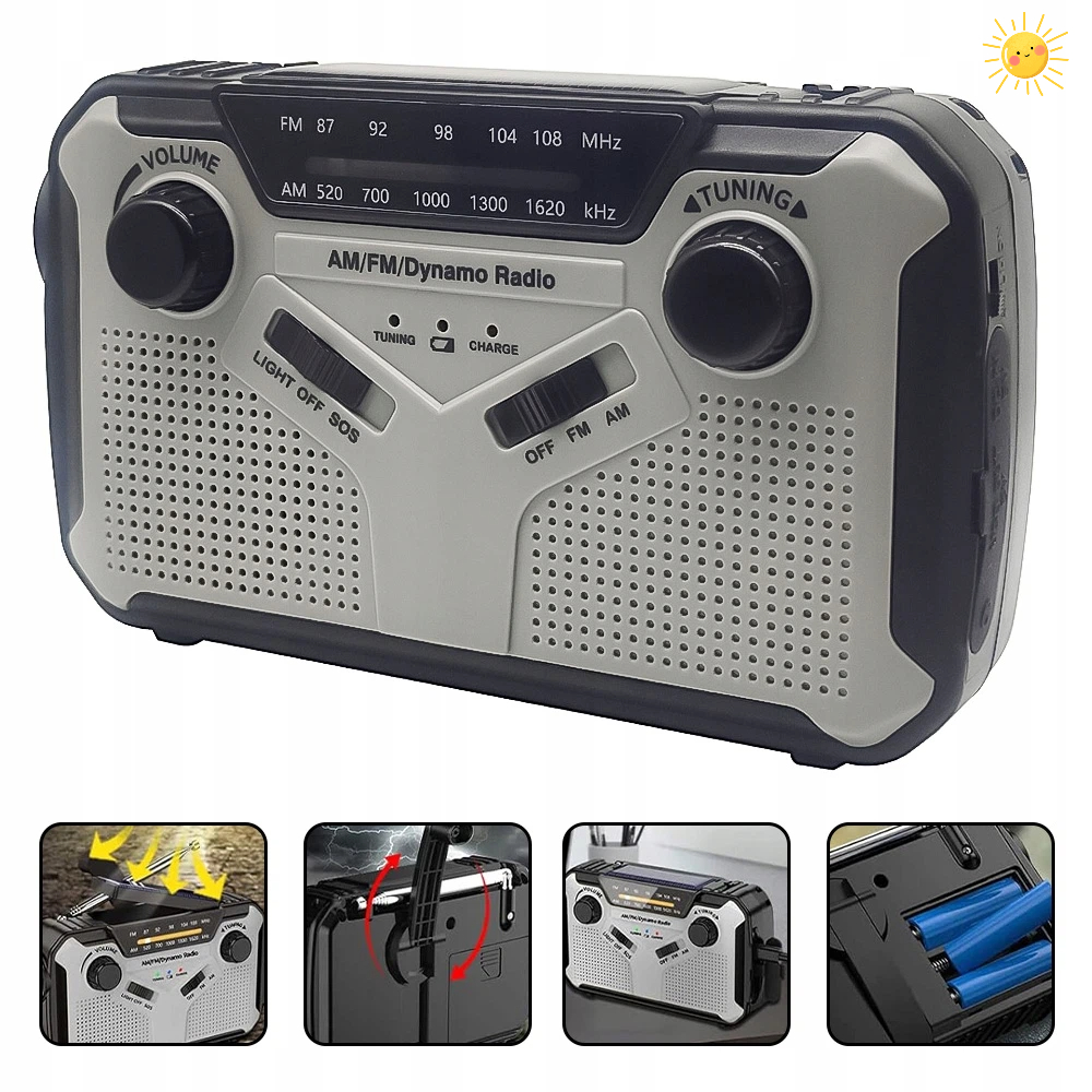 Solární A Dynamo Nouzové Rádio Se Svítilnou, Omáčka, Alarm, 4 Zdroje Napájení