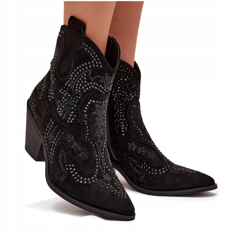 Kotníkové Boty Kovbojské Boty Zdobené Zateplením Na Zip Černé 38