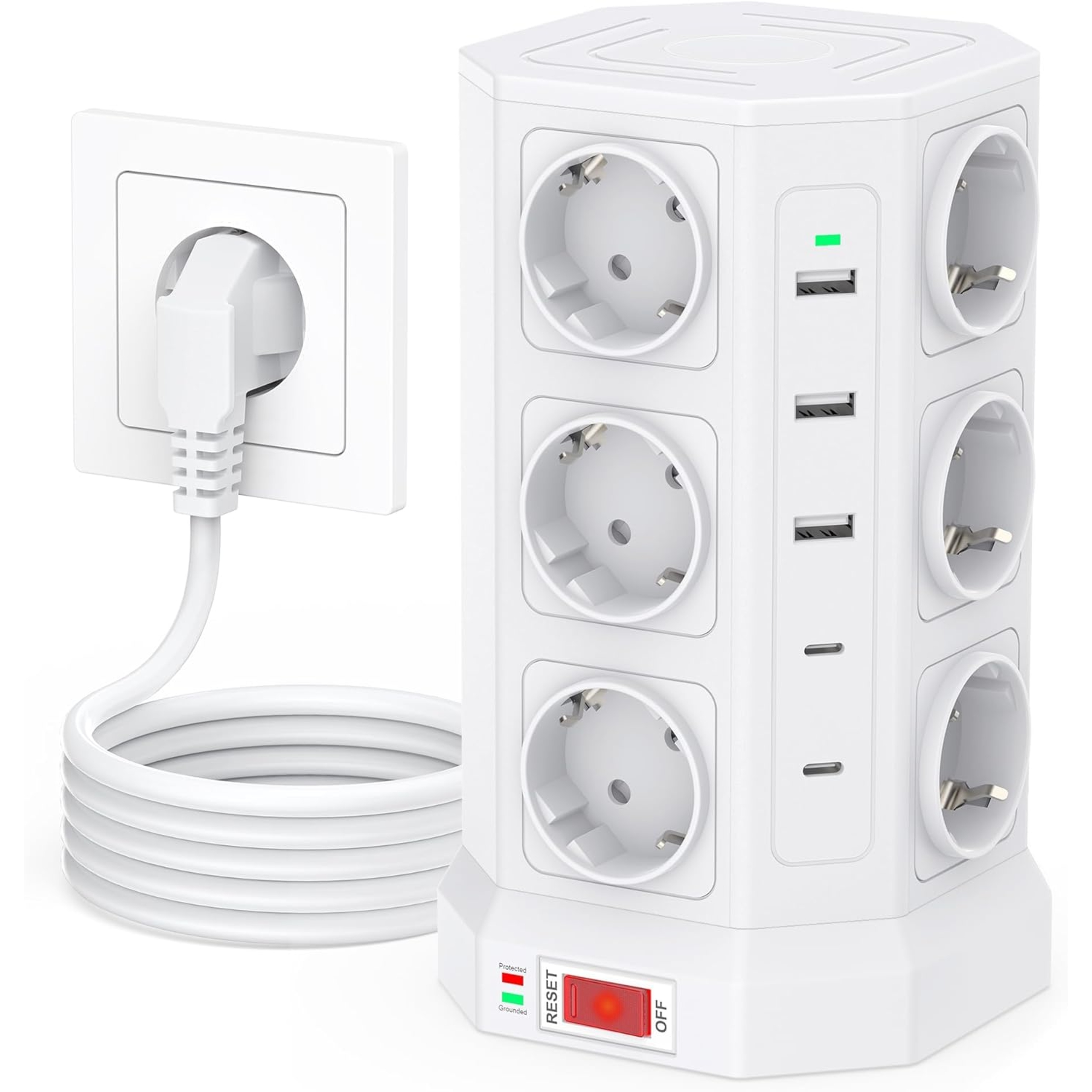 Prodlužovací kabel Lišta 12 zásuvek 5xUSB 3680W s ochranou proti přepětí 1,5 m, kabel