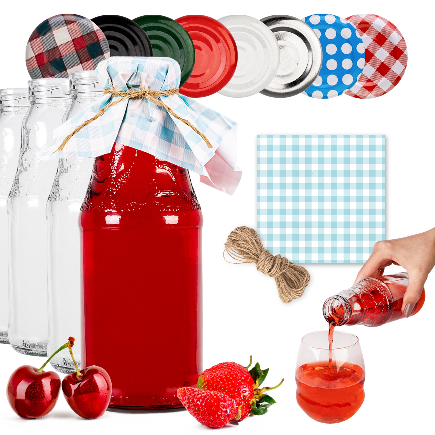 50 x Skleněné Láhve Soček 330 ML Na Šťávy Kompot Víno Ubrousky Se Šňůrkou