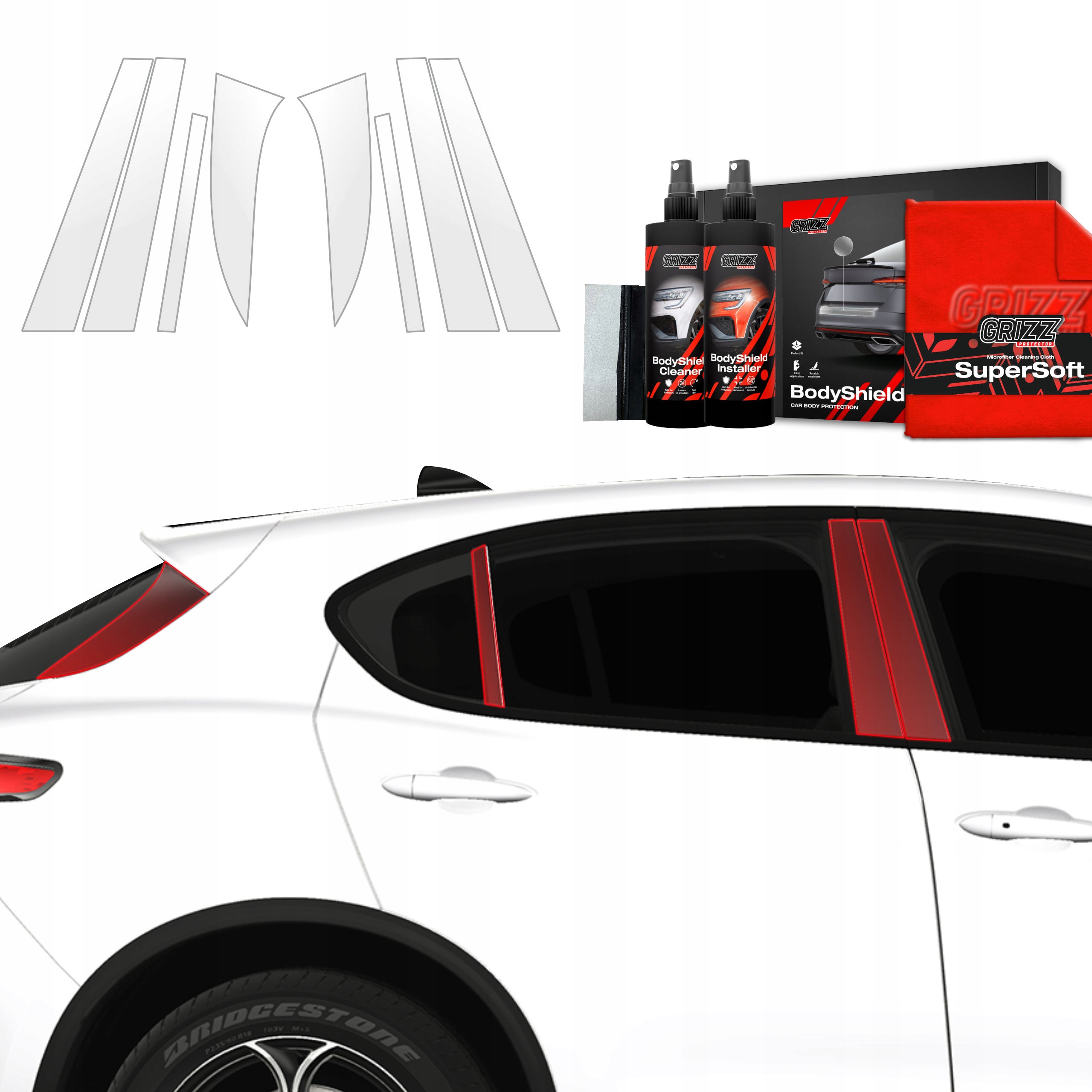 8v1 Fólie Ppf dýha na sloupky pro Alfa Romeo Stelvio (2023-2025) Grizz
