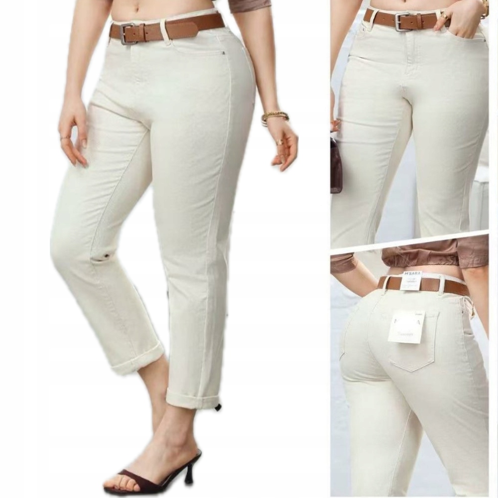 M.sara Spodnie Jeansowe Mom Fit Luźniejsze Nogawki Pasek Beżowe 42 XL