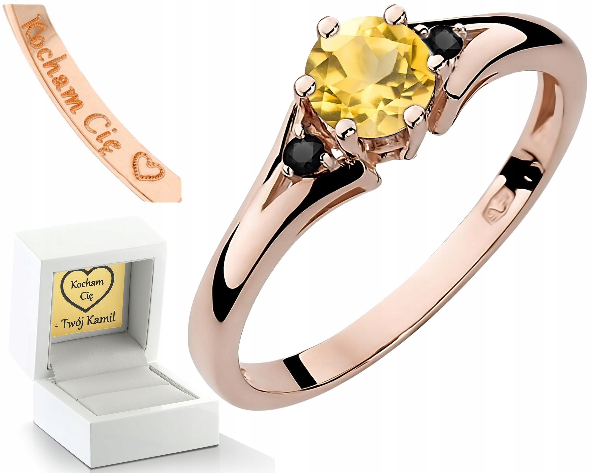 Růžový Prstýnek S Citrínem A Černými Diamanty, Zlatý Dárek 585