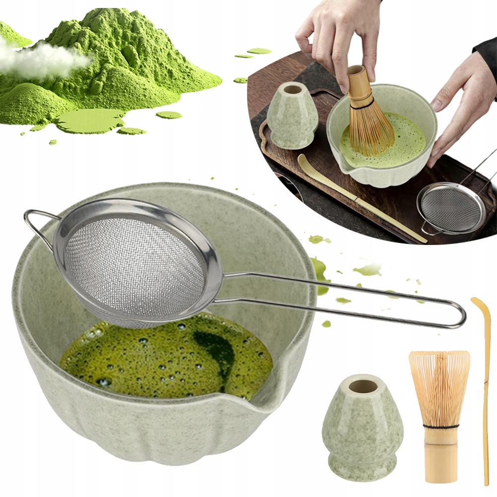 Zestaw Do Matchy 5 Szt Miska Trzepaczka Bambusowa Stojak Łyżeczka Sitko