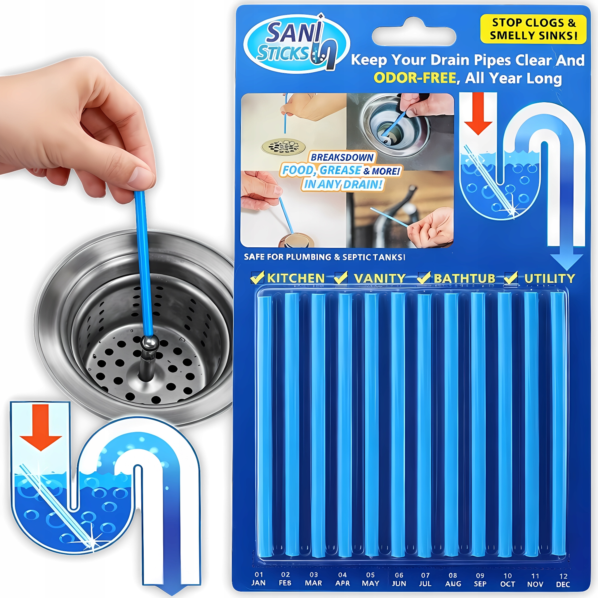 SANI STICK PATYCZKI DO UDRAŻNIANIA CZYSZCZĄCE ZLEWU RUR ODPŁYWÓW 12szt