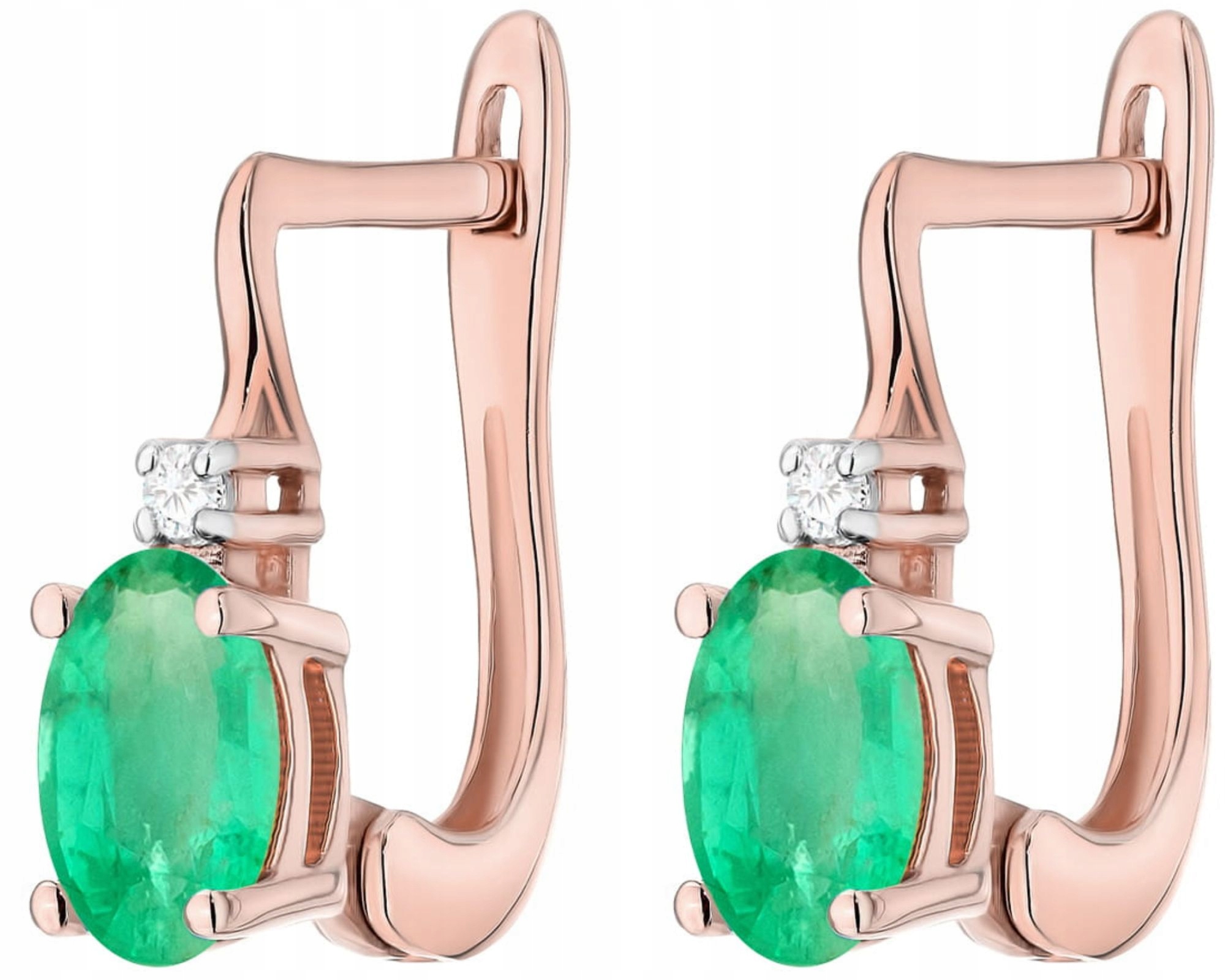 Růžové Zlato Náušnice S Briliantem A Smaragdem, Anglické Zapínání, Gravírování