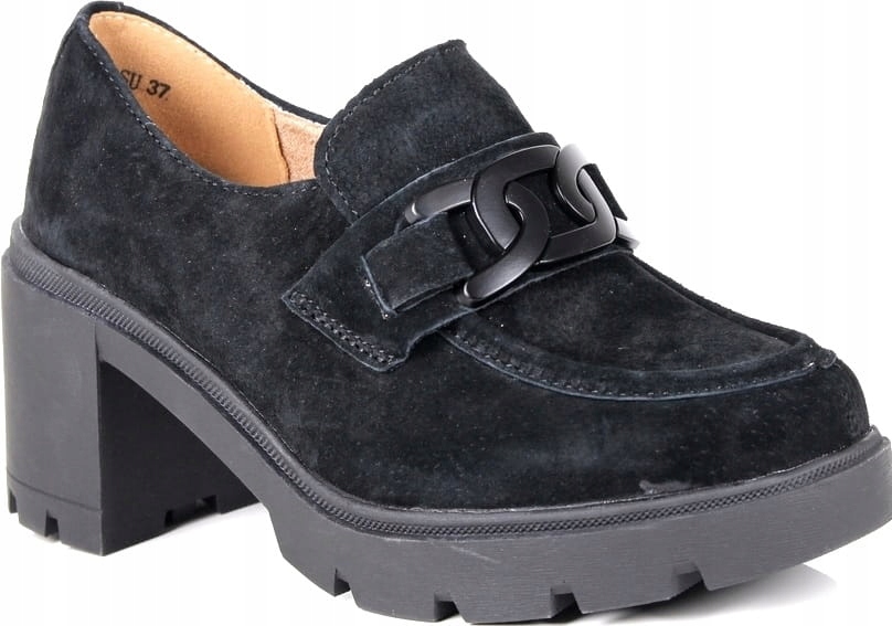 Černé Semišové Kožené Polobotky Mokasíny S Přezkou, Pohodlný Sloupek