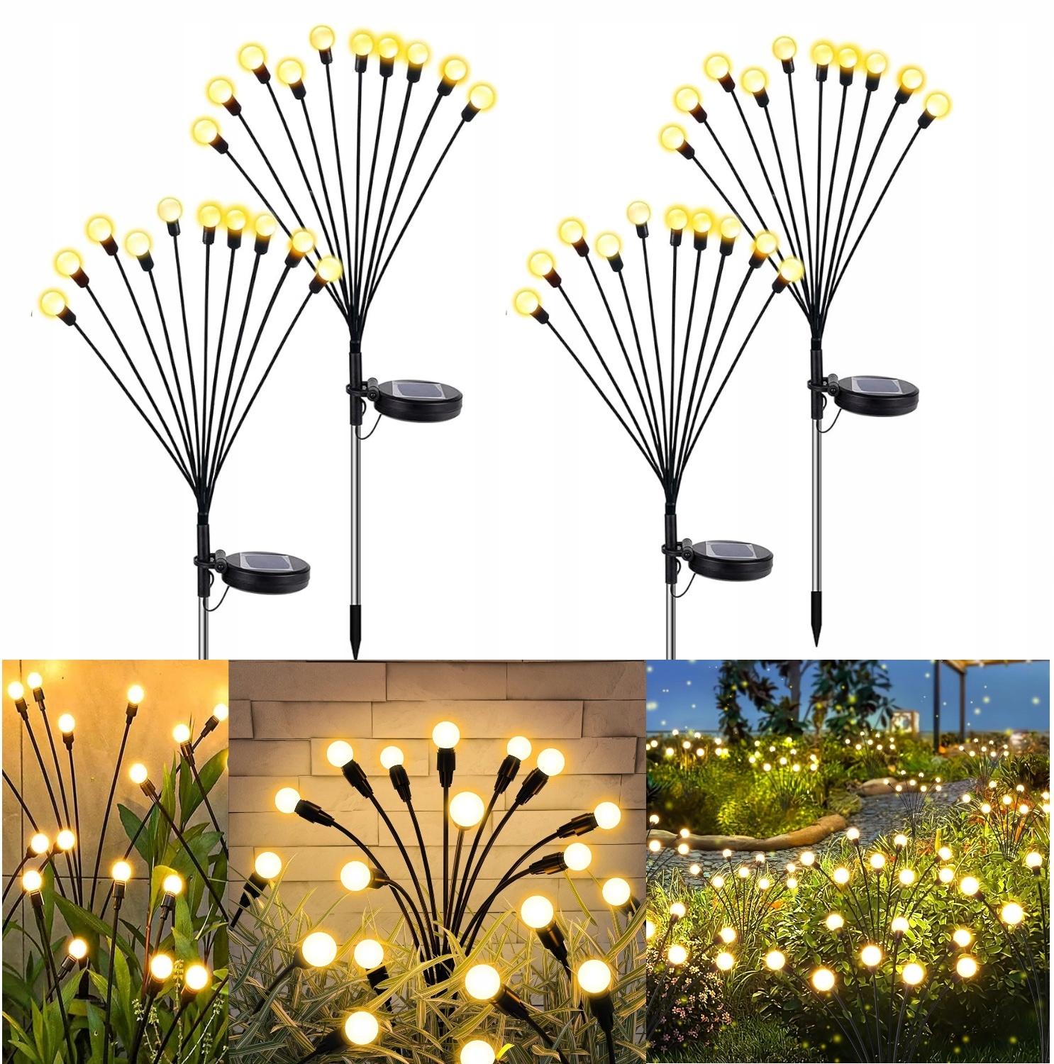 Lampa Solarna Wbijana Czarny 10LED Biały Ciepły Czujnik Kuleczki Drzewko