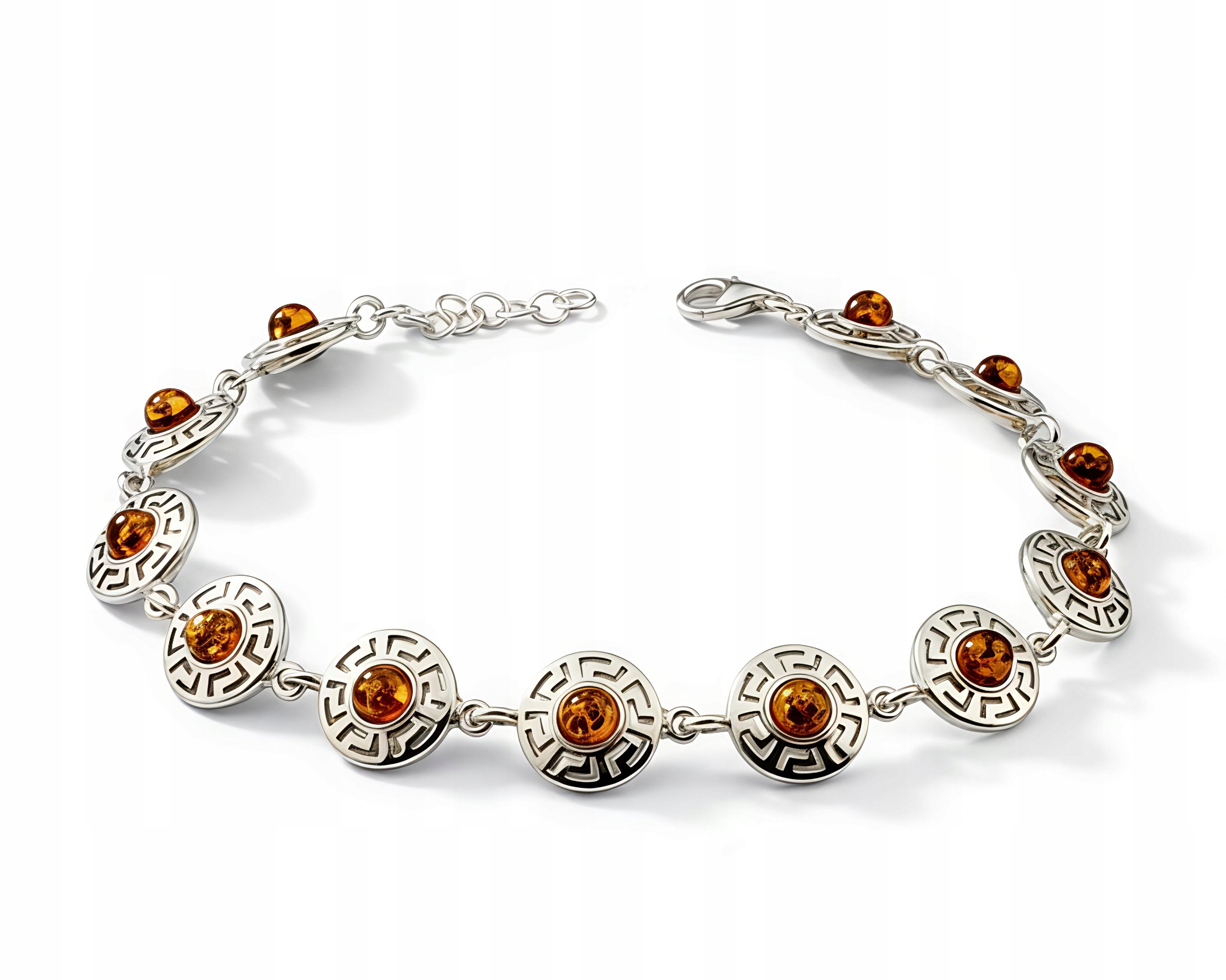 Náramek stříbro koňakový baltský jantar, řecký vzor