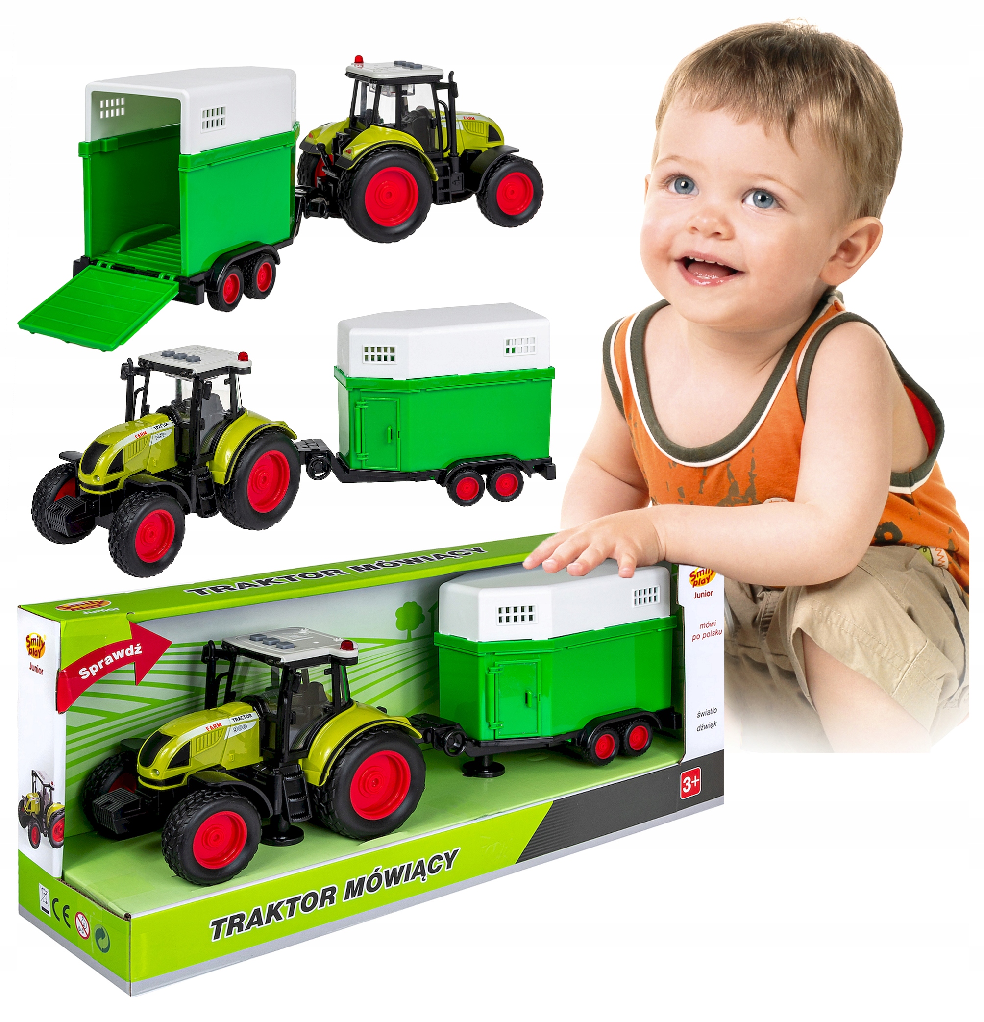 

Duży Traktor Napęd Mówi Świeci 40CM Przyczepa 3W1