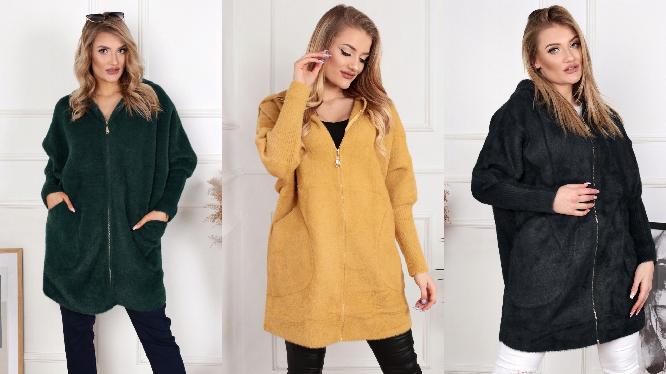 ALPAKA DAMSKA PŁASZCZ KURTKA SWETER CIEPŁA DŁUGA KAPTUR SUWAK WYGODNA 2022 Model 2022