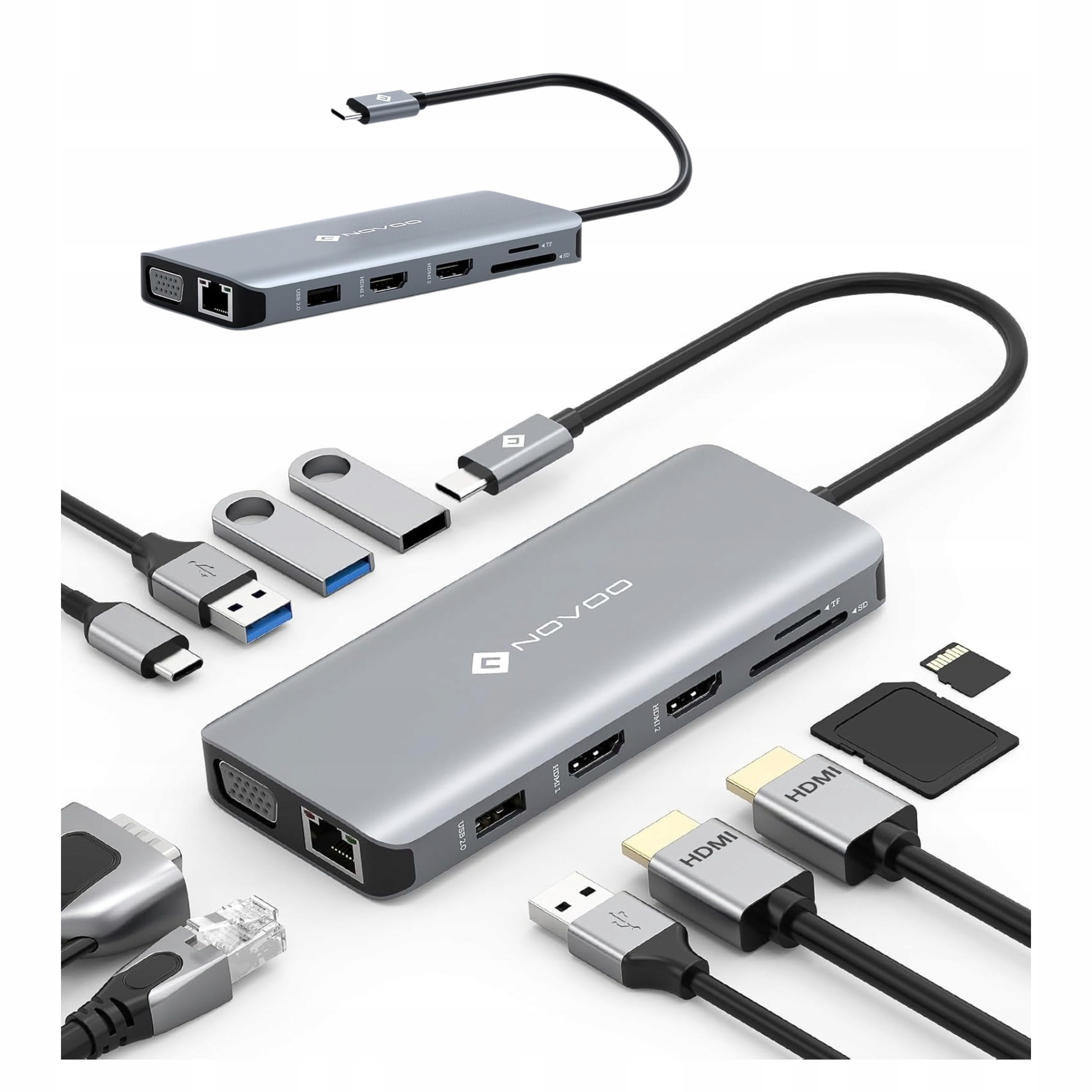 Usb-c hub 11v1 2x Hdmi 4K Vga RJ45 Usb 3.0 Pd 100W čtečka Sd Tf