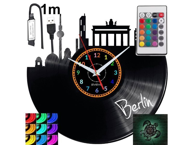 Berlín Nástěnné hodiny podsvícené Led Rgb na dálkové ovládání Vinylová deska Modern