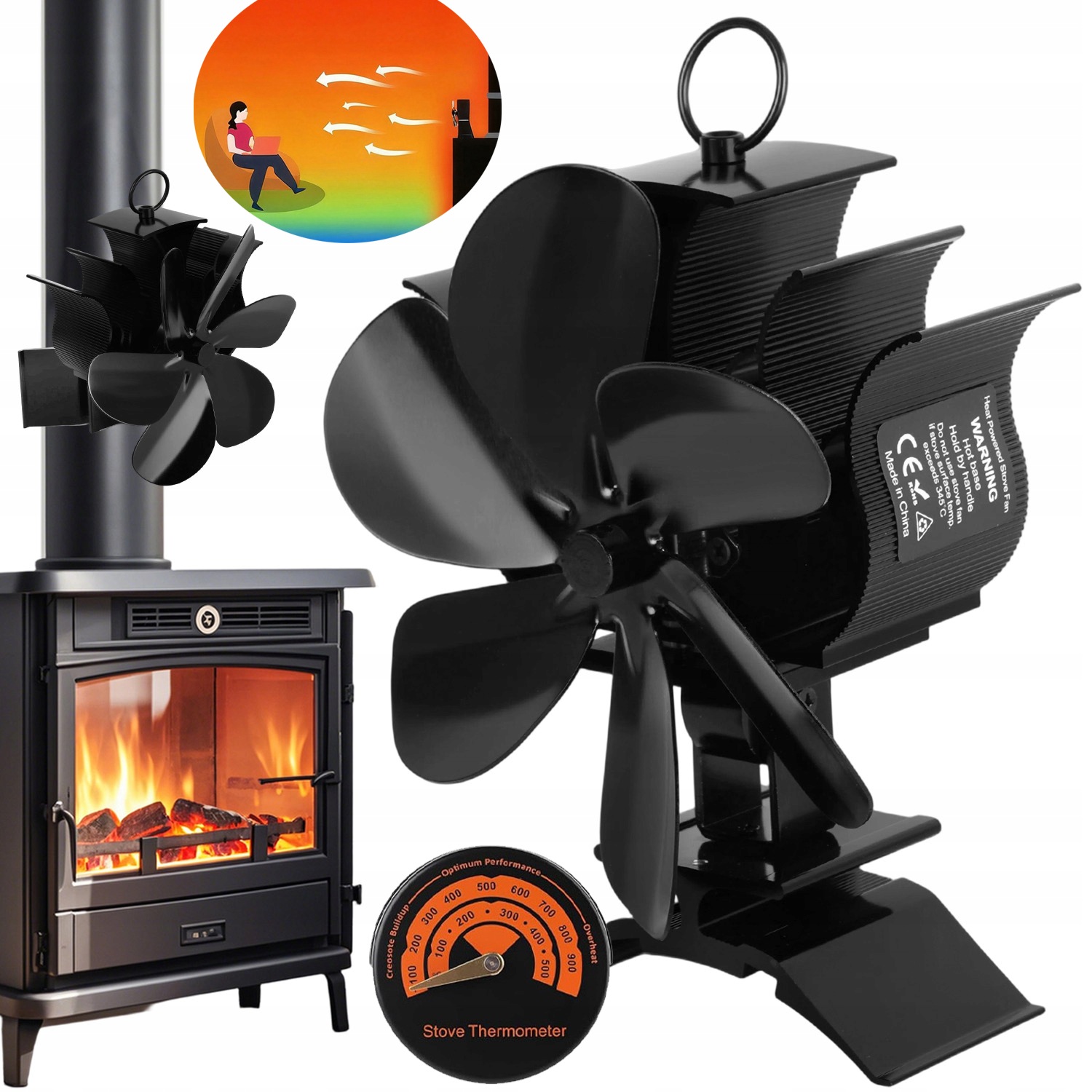 Krbový Ventilátor 6 Čepelí, Tichý Krbový Ventilátor S Teploměrem, Černý