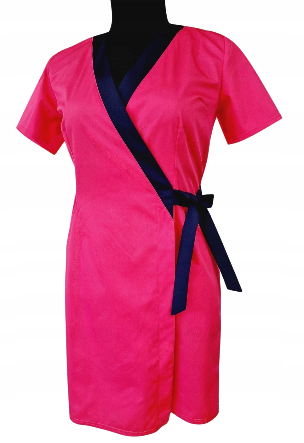 Sukienka Medyczna Wiązana Krótki Rękaw Przewiewna Taliowana Różowa S