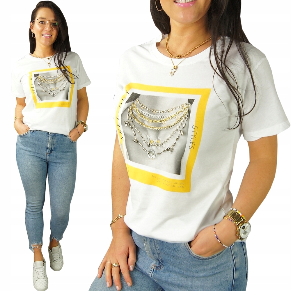 

Modna Kobieca Bluzka T-shirt z Lycrą Dużo Wzorów S