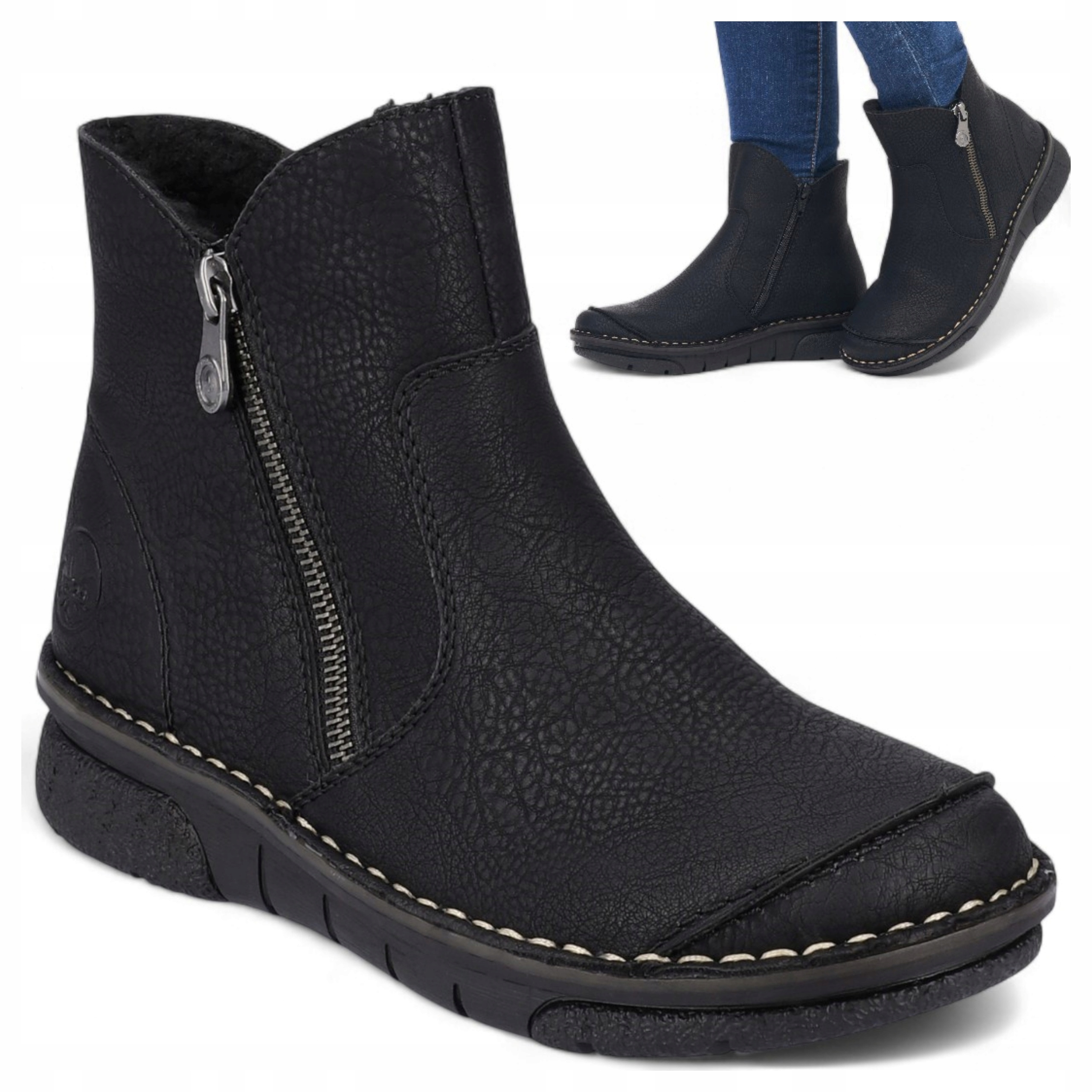 Pohodlné dámské zateplené polobotky velikost 37 Rieker, ploché Kotníkové Boty, vysoké, černé