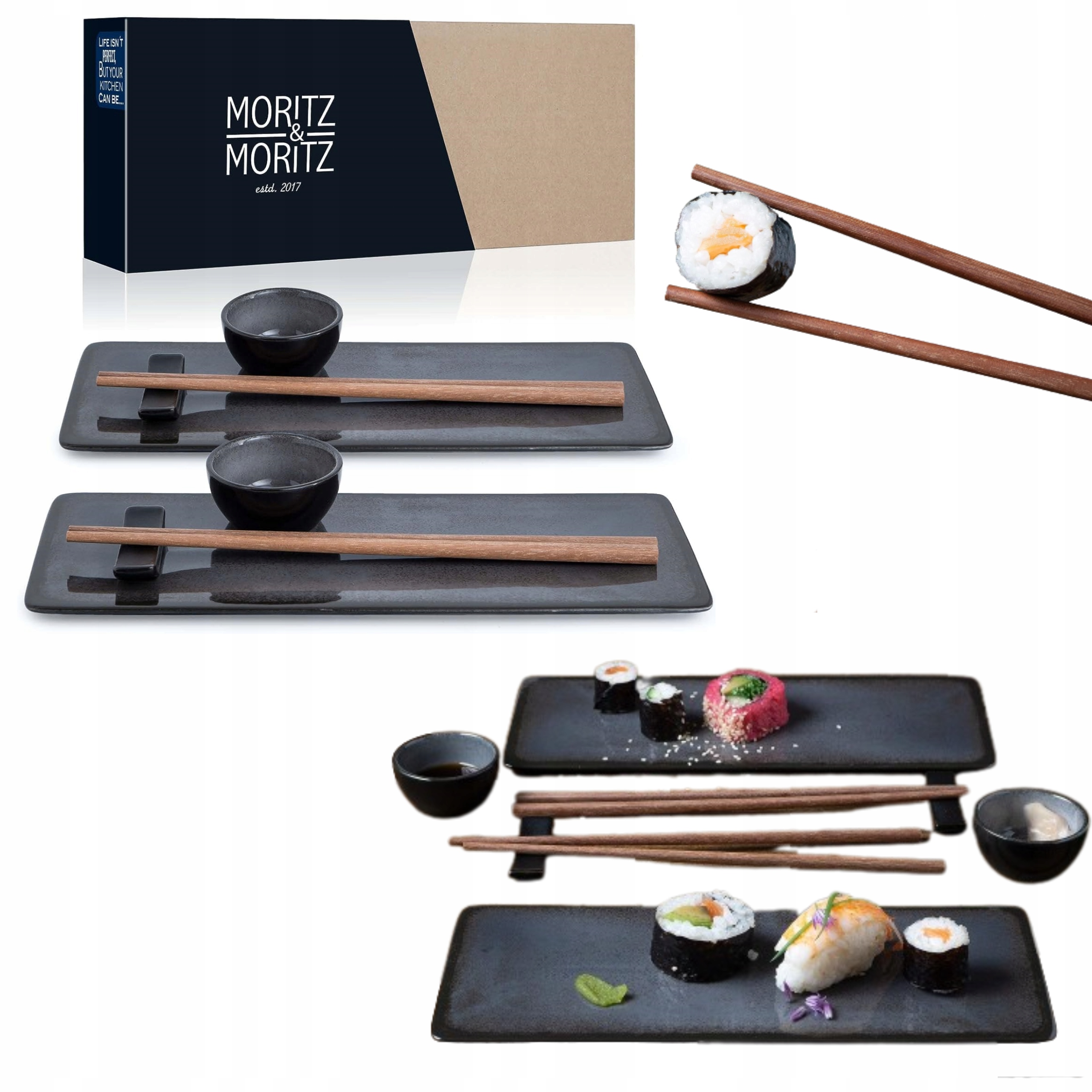 Profesjonalny Porcelanowy ZESTAW Naczyń do serwowania Sushi dla 2 Osób 10el