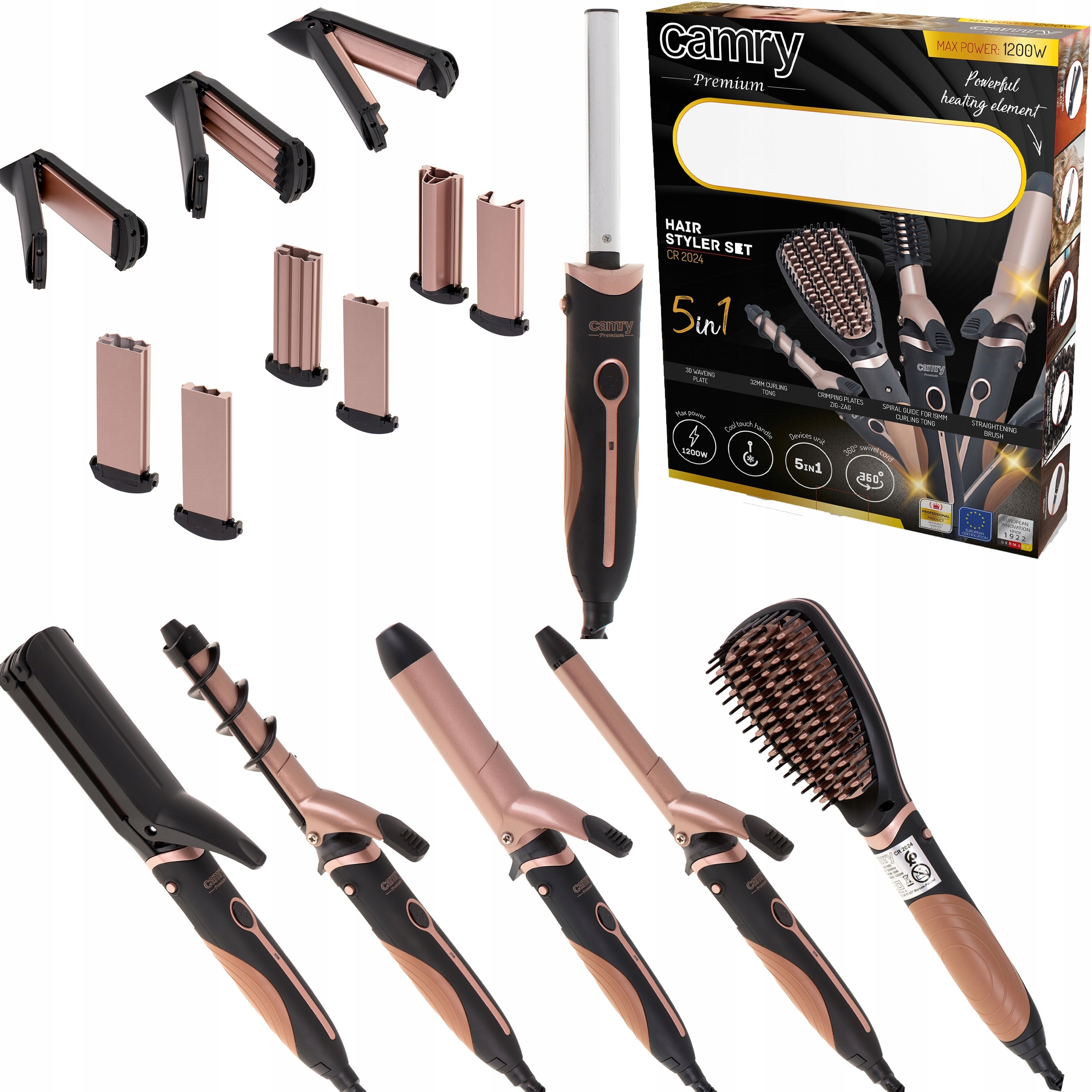 Kartáč Na Vysoušení Vlasů Žehlička Na Vlasy Krepovačka 5V1 Sada Camry 1200W