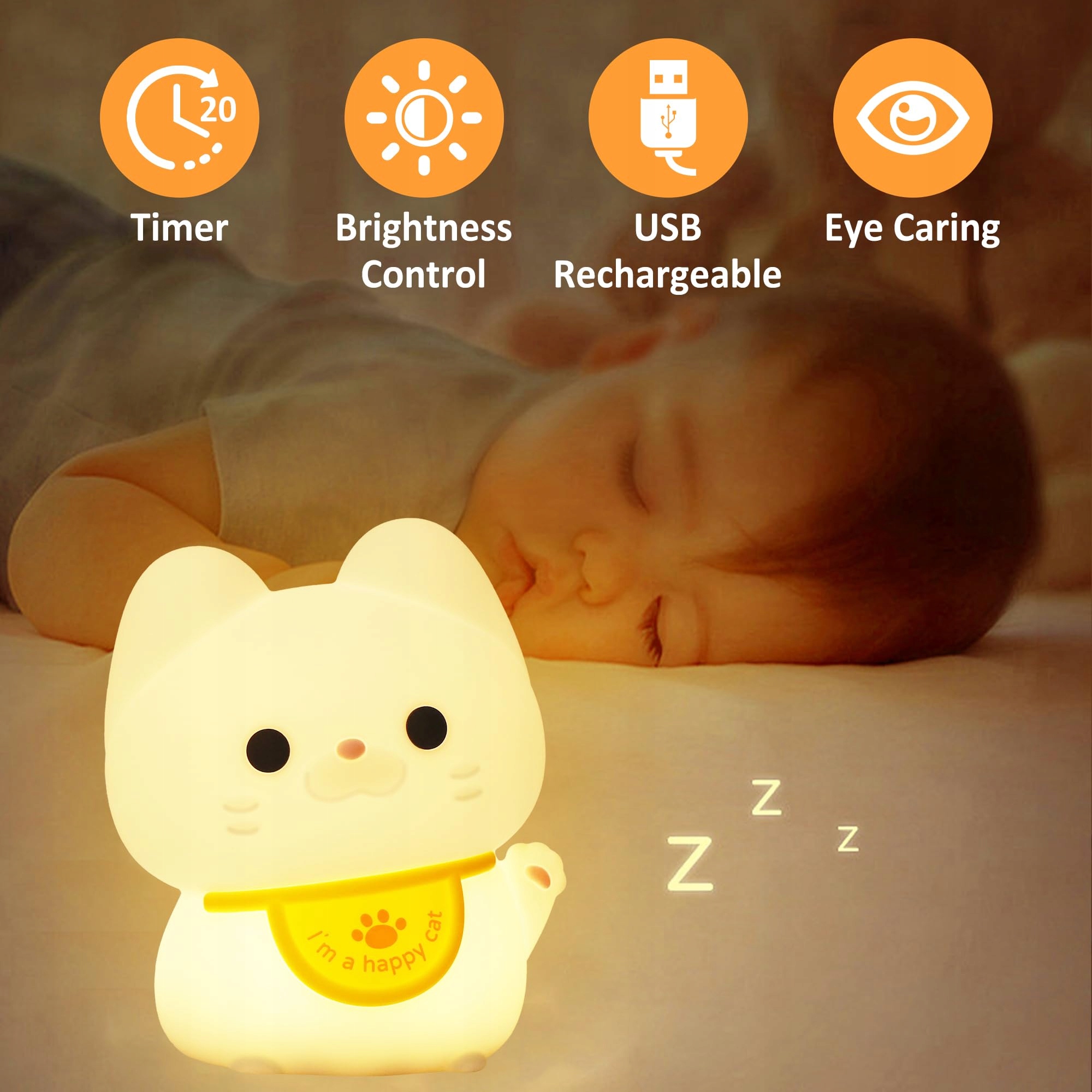 SILIKONOWA LAMPA LED DLA DZIECI NOCNA KOT USB DOTYKOWA TIMER — miniatura 4